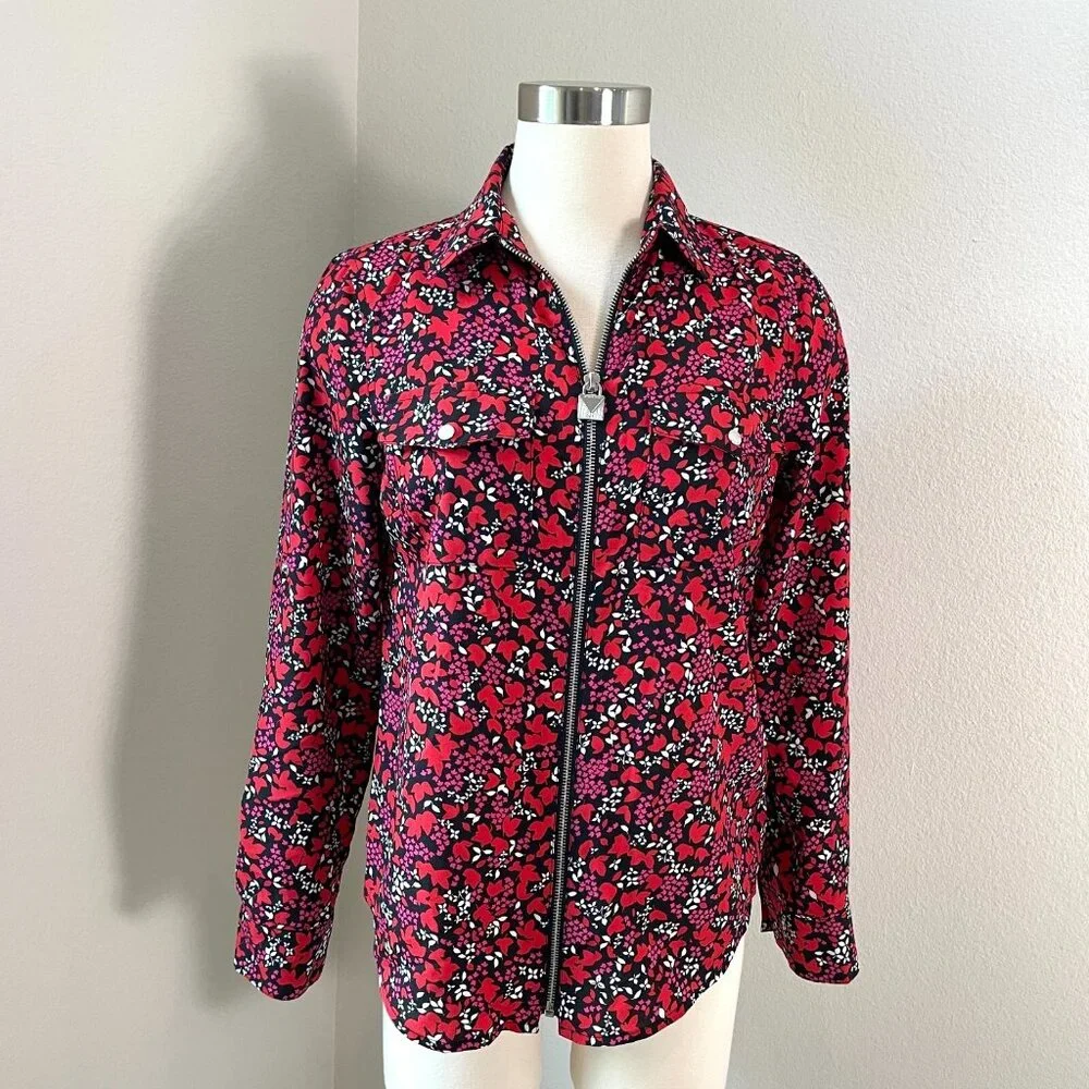 Michael Kors Womens Small Floral Zip Up Blouse Roll Tab Sleeve Shirt Top